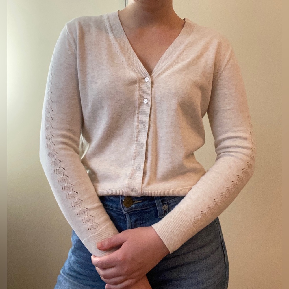 V-Neck Cardigan with Pointelle Sleeves